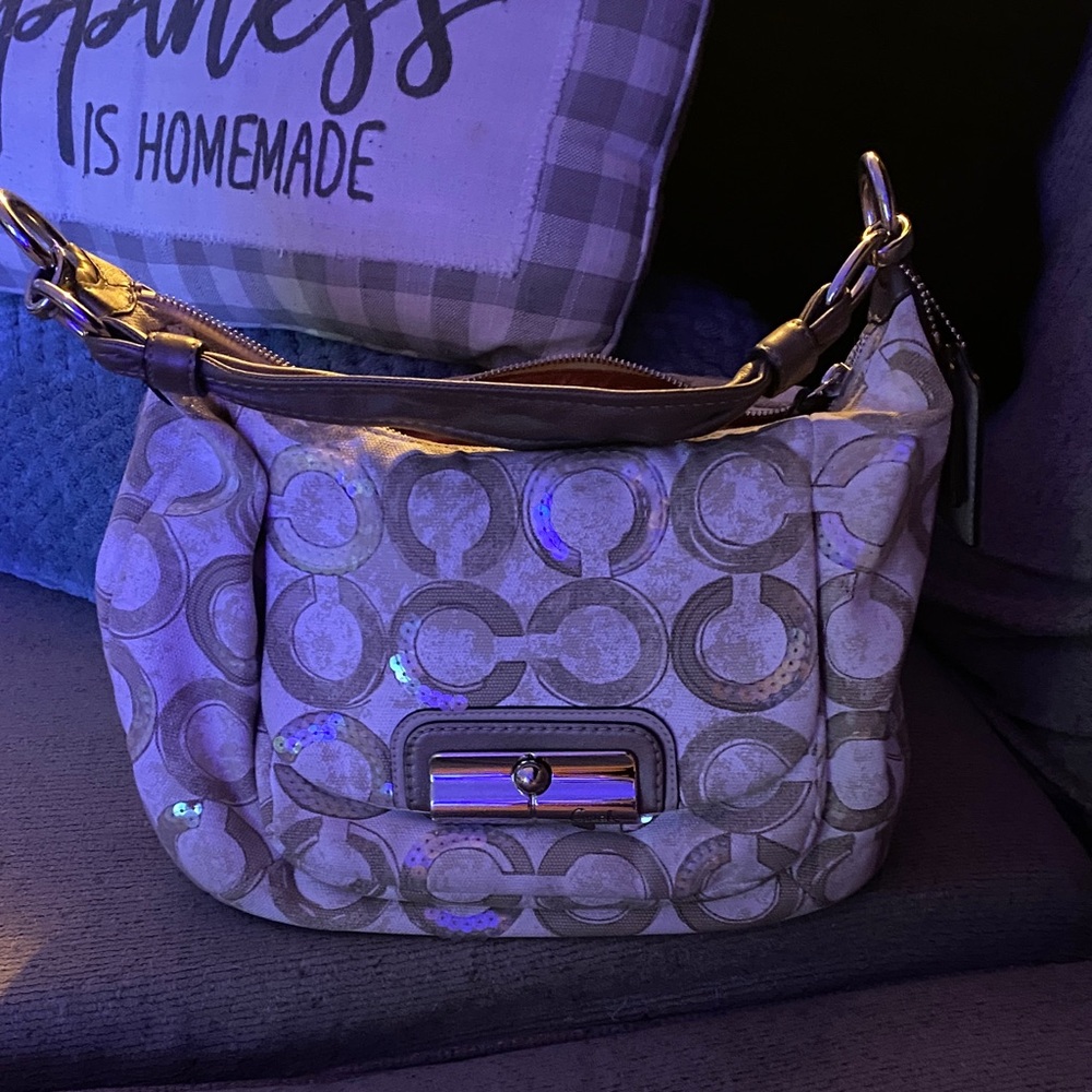 Coach Beige and Brown signature C sequin Shoulder Bag